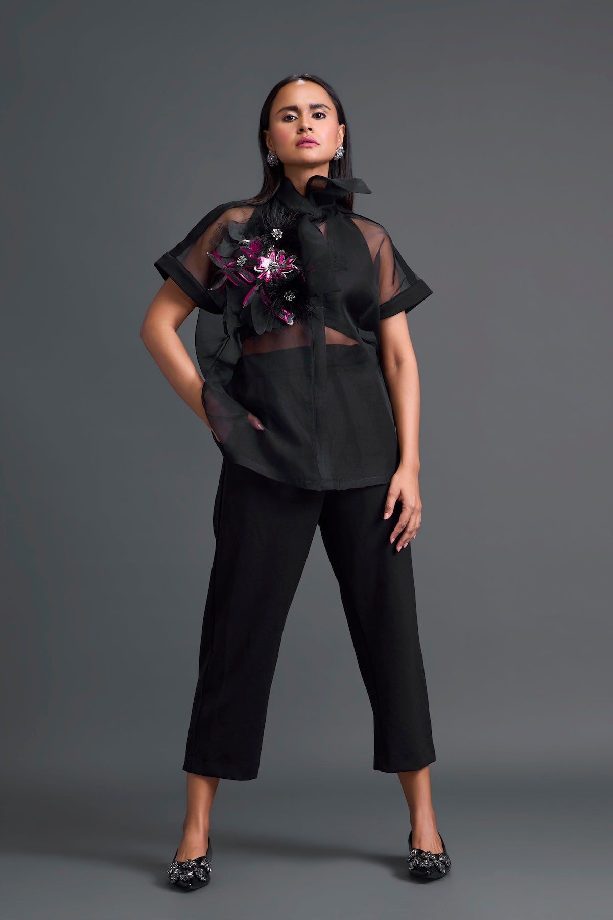 Black Halter Organza Shirt and Tailored Pants Set