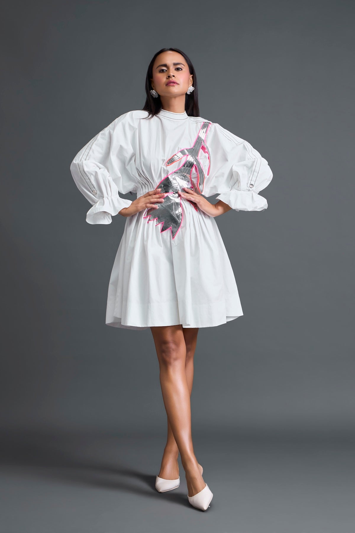 White Gathered Dress with Metallic Patch