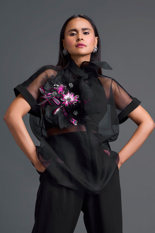 Black Halter Organza Shirt and Tailored Pants Set