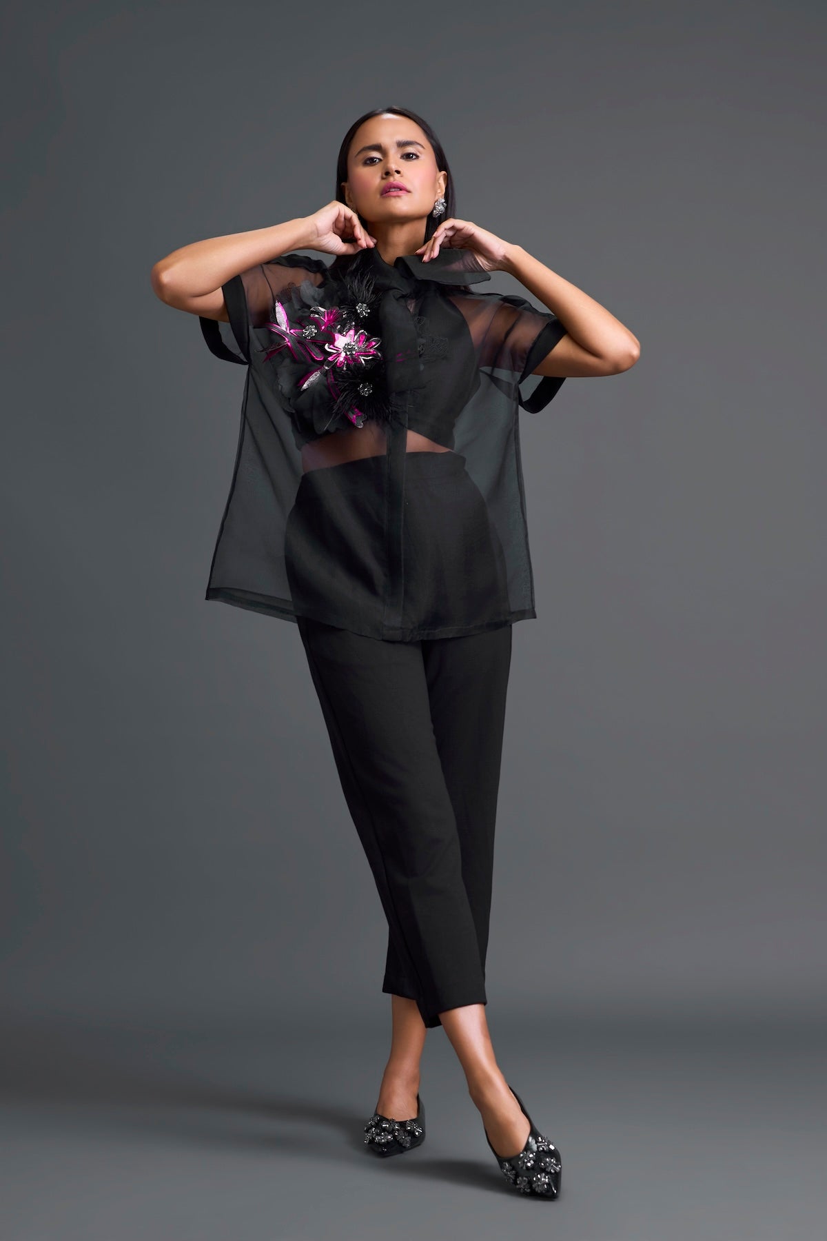 Black Halter Organza Shirt and Tailored Pants Set