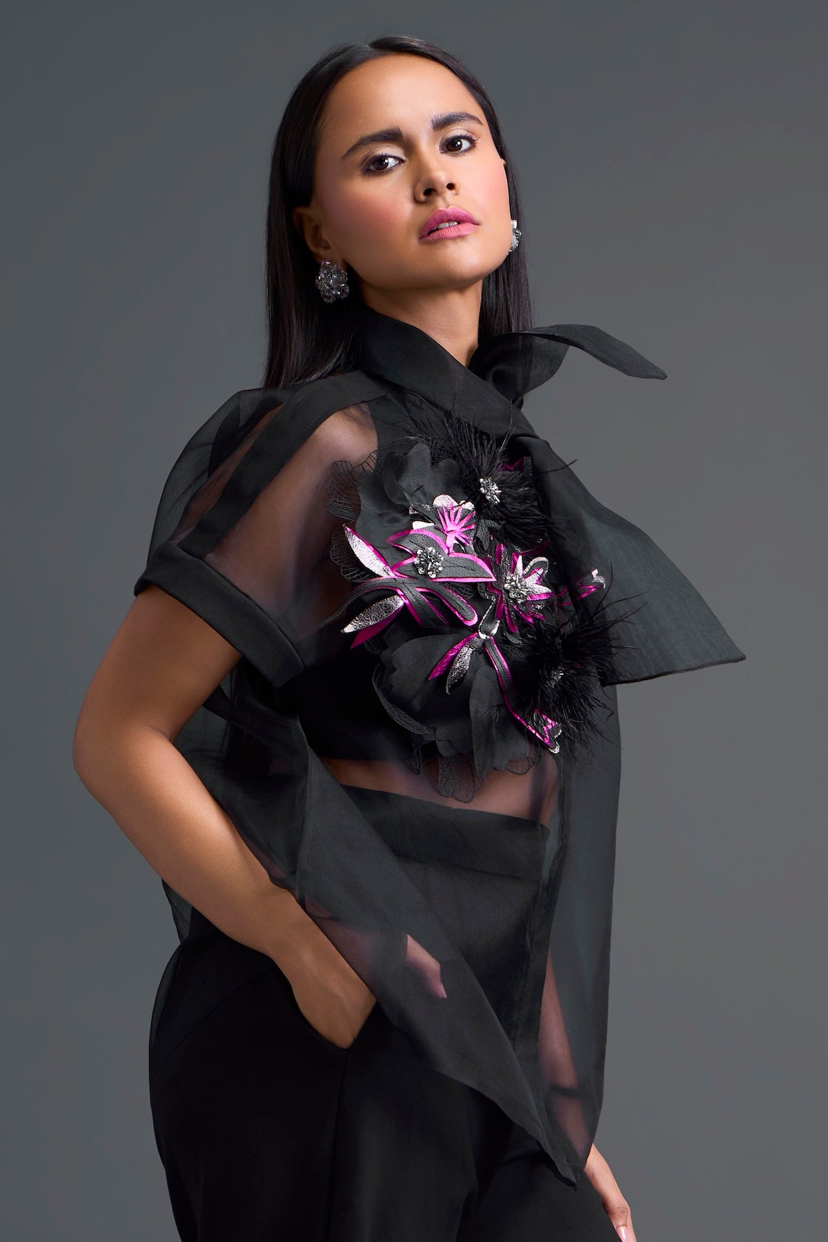 Black Halter Organza Shirt and Tailored Pants Set