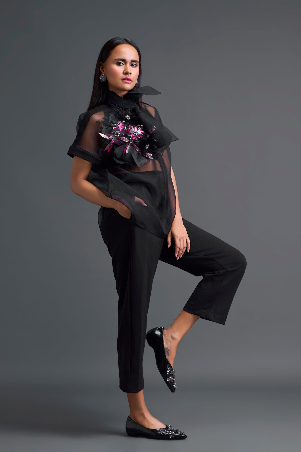 Black Halter Organza Shirt and Tailored Pants Set
