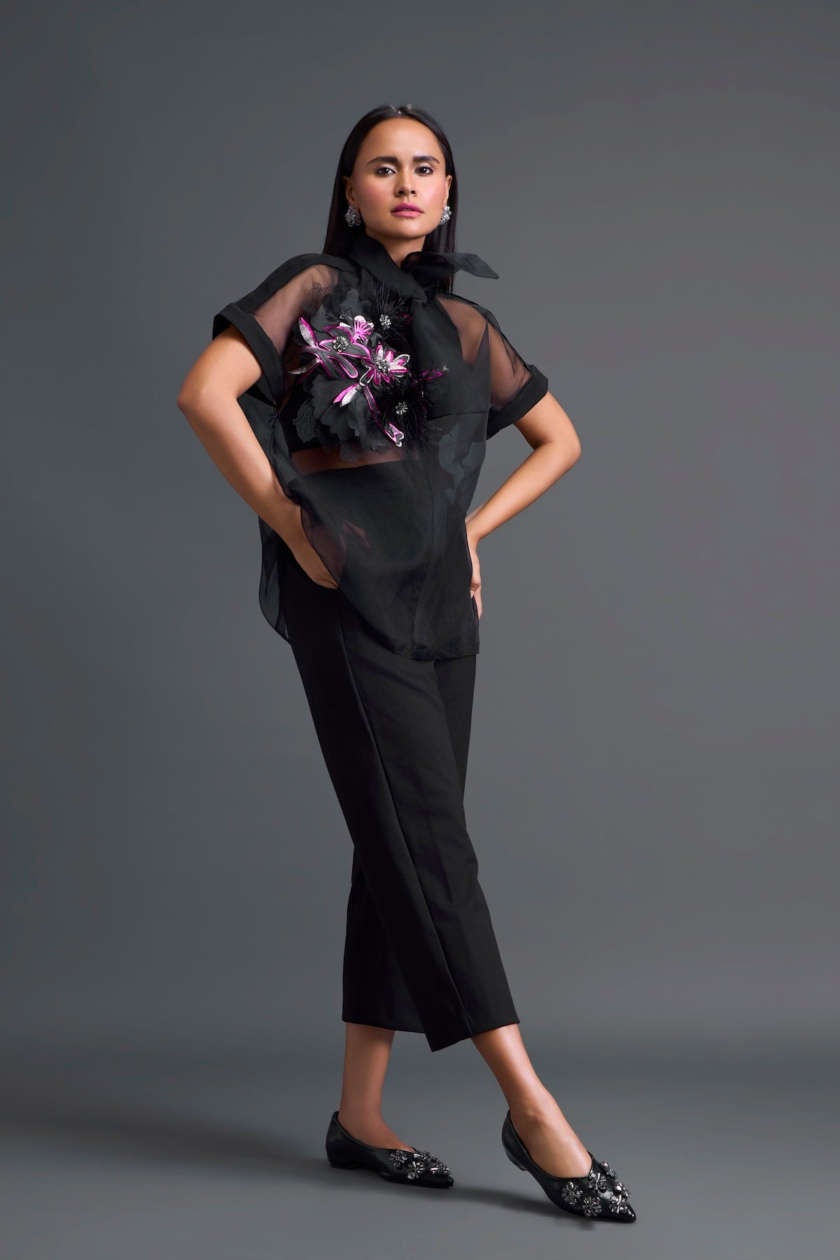Black Halter Organza Shirt and Tailored Pants Set