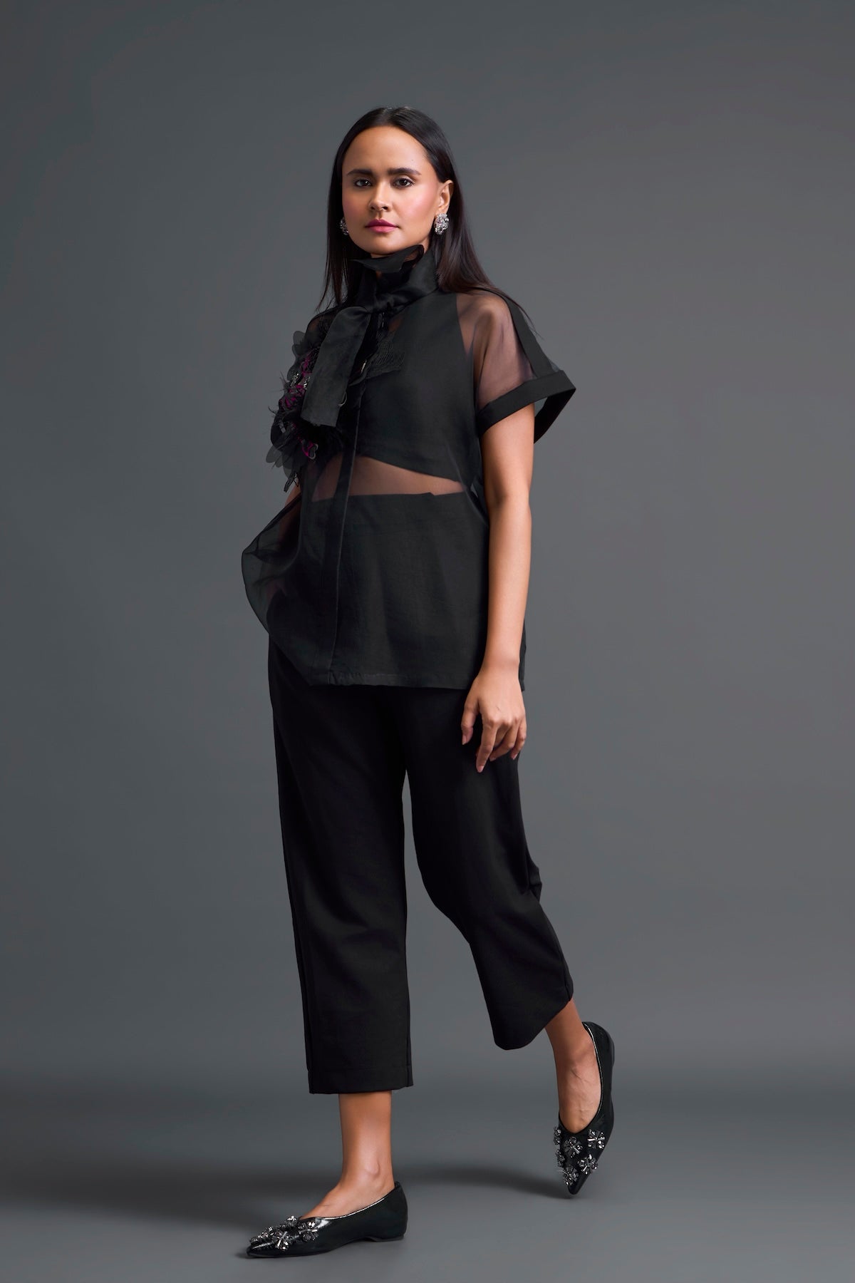 Black Halter Organza Shirt and Tailored Pants Set