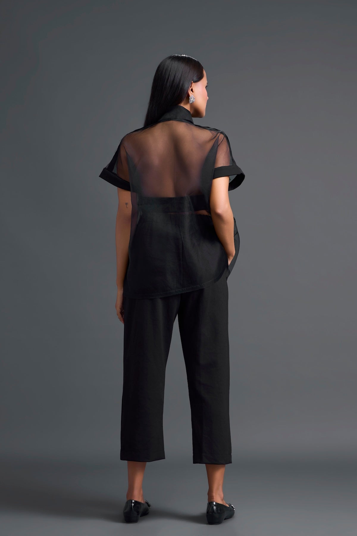 Black Halter Organza Shirt and Tailored Pants Set
