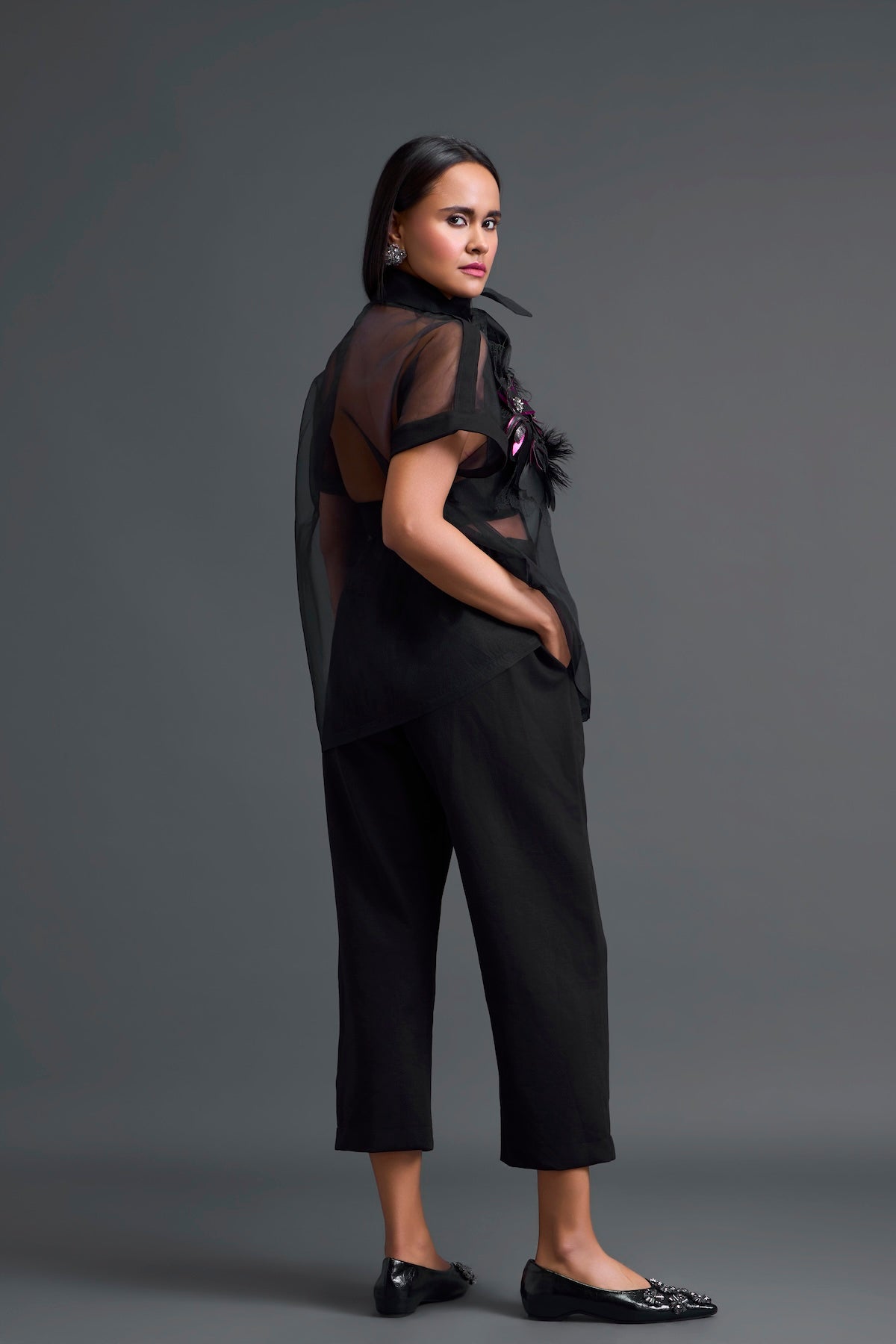 Black Halter Organza Shirt and Tailored Pants Set
