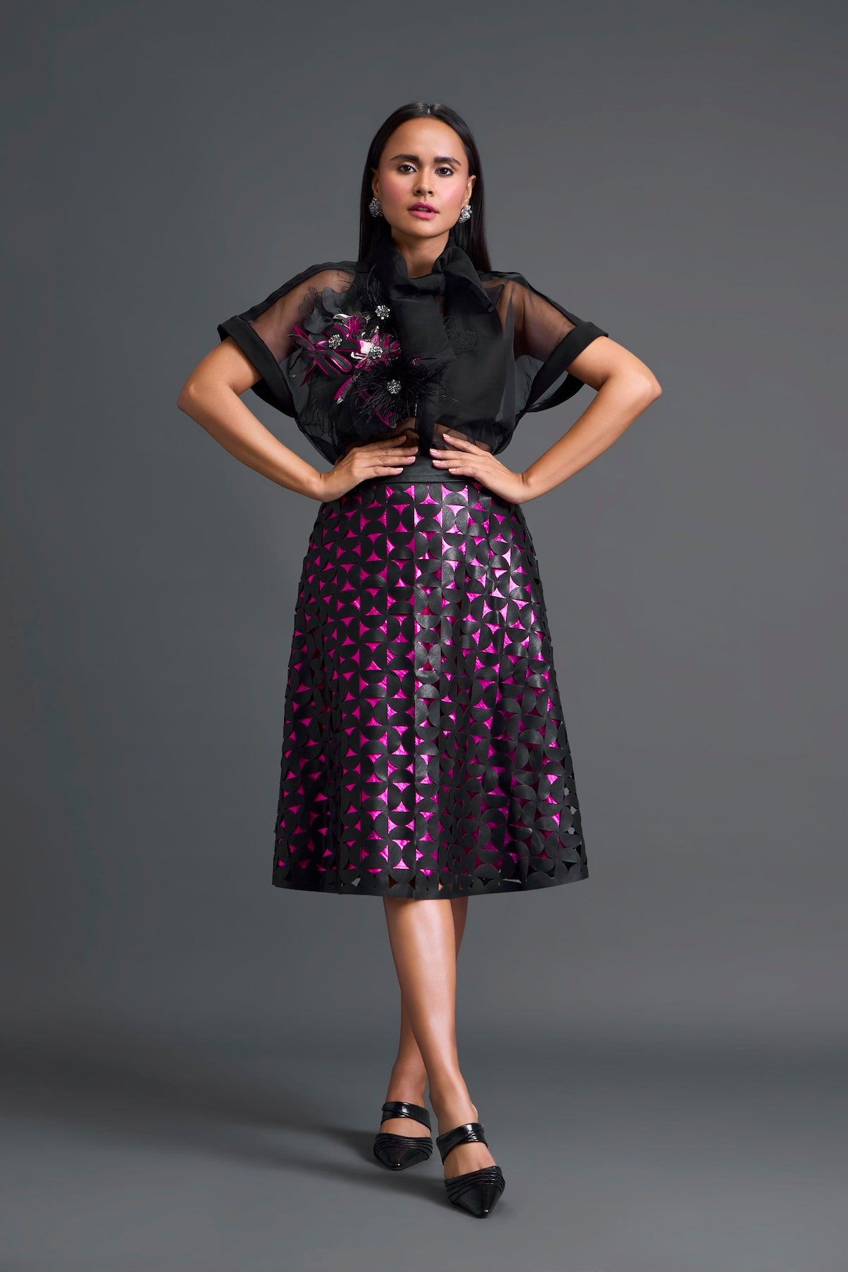 Black Halter Top and Geometric Laser-Cut Skirt Set