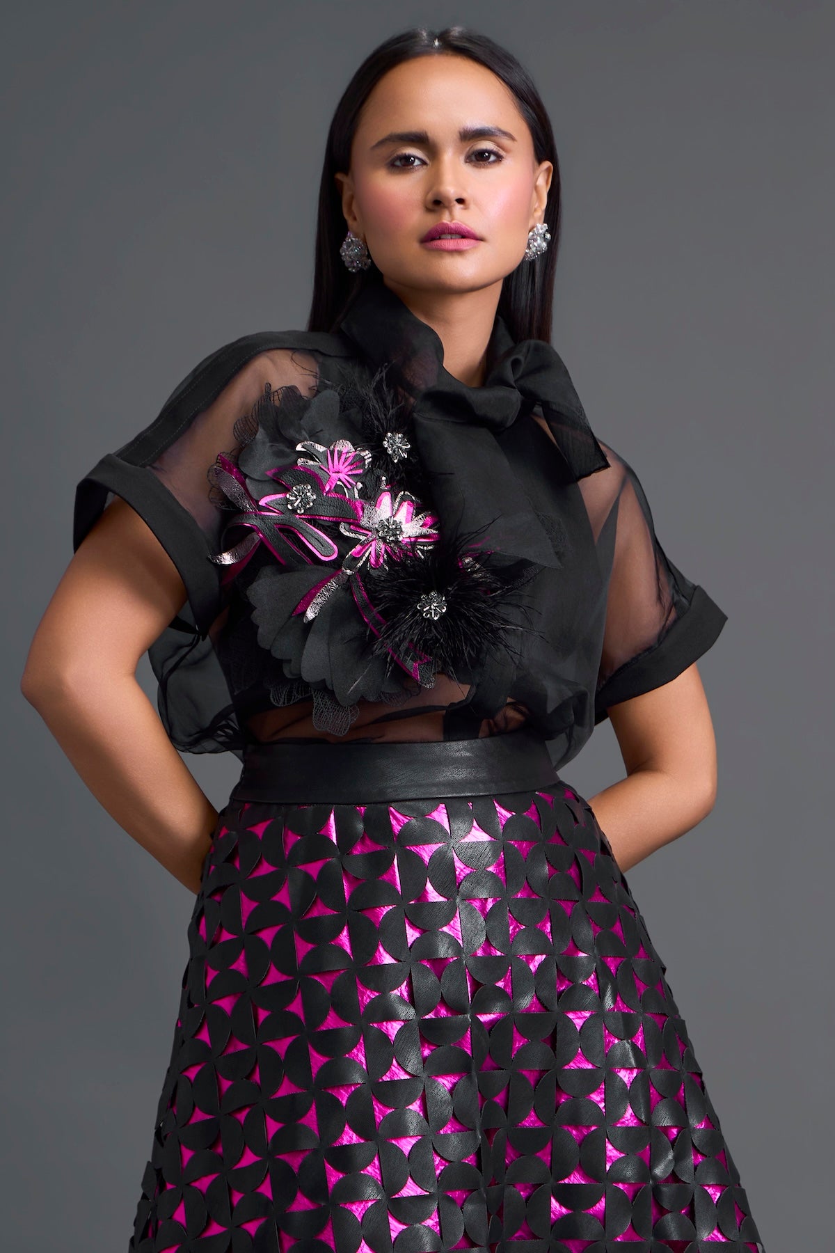 Black Halter Top and Geometric Laser-Cut Skirt Set