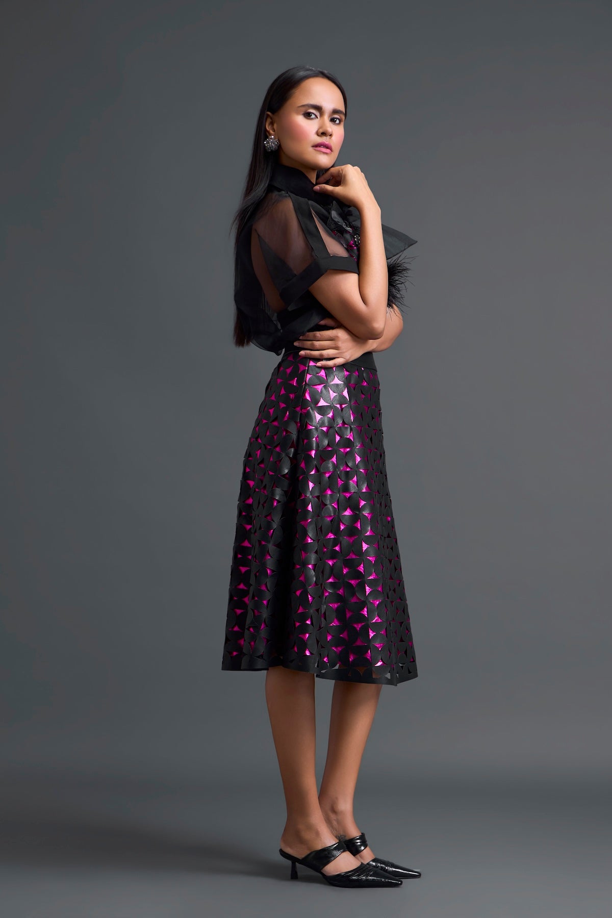 Black Halter Top and Geometric Laser-Cut Skirt Set