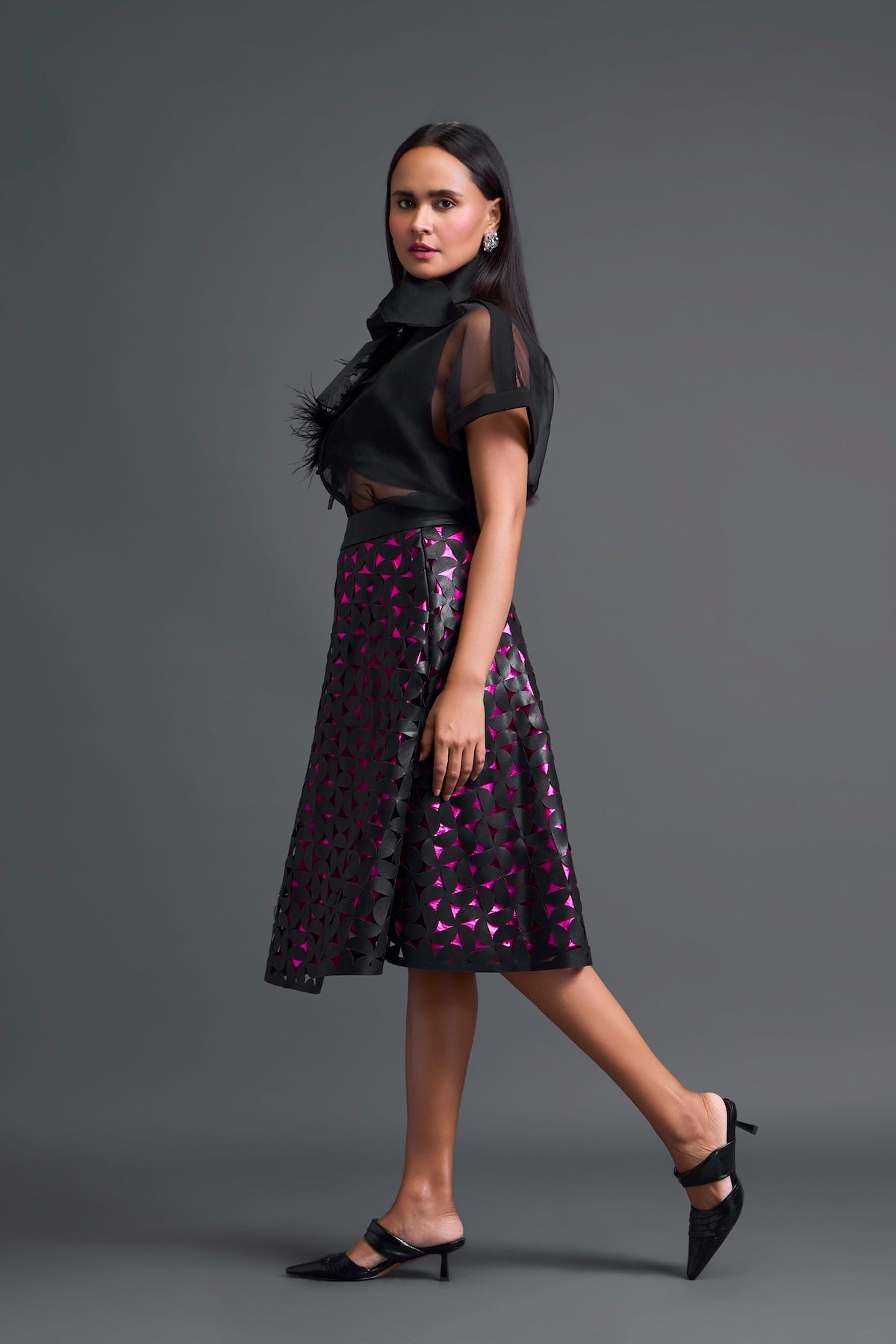 Black Halter Top and Geometric Laser-Cut Skirt Set