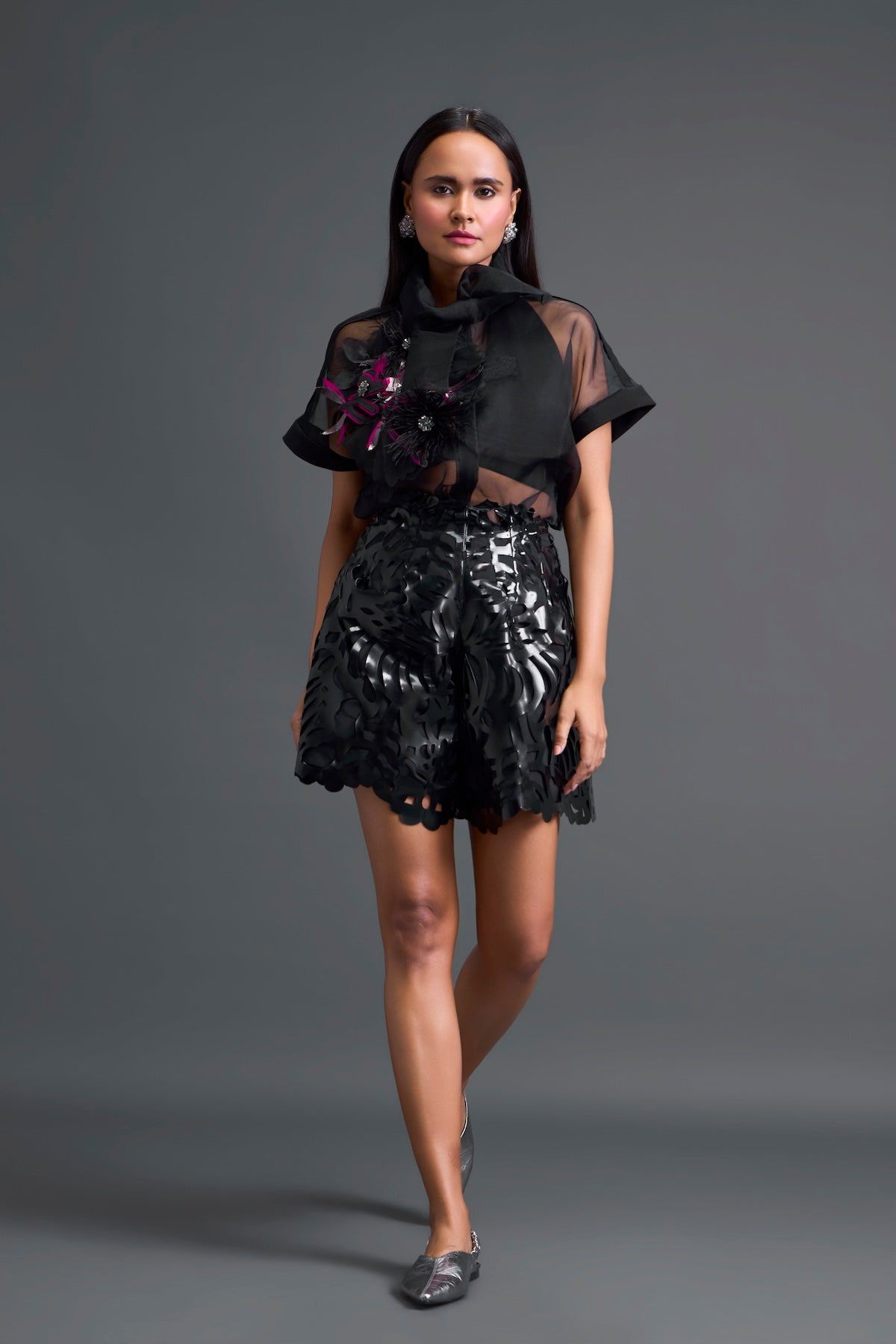 Black Glossy Laser-Cut Shorts