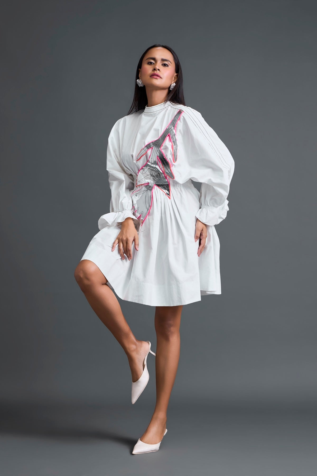White Gathered Dress with Metallic Patch
