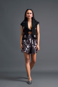 Load image into Gallery viewer, Black Floral Cropped Blazer and Laser-Cut Shorts Set
