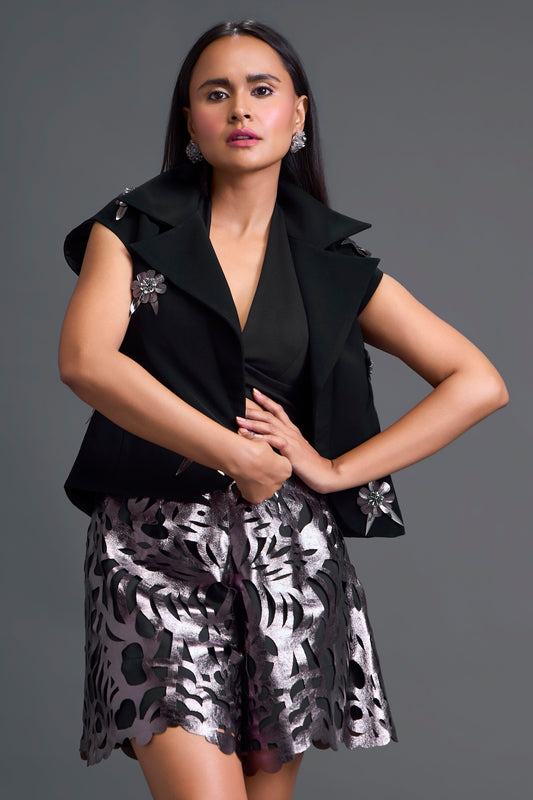 Black Floral Cropped Blazer and Laser-Cut Shorts Set