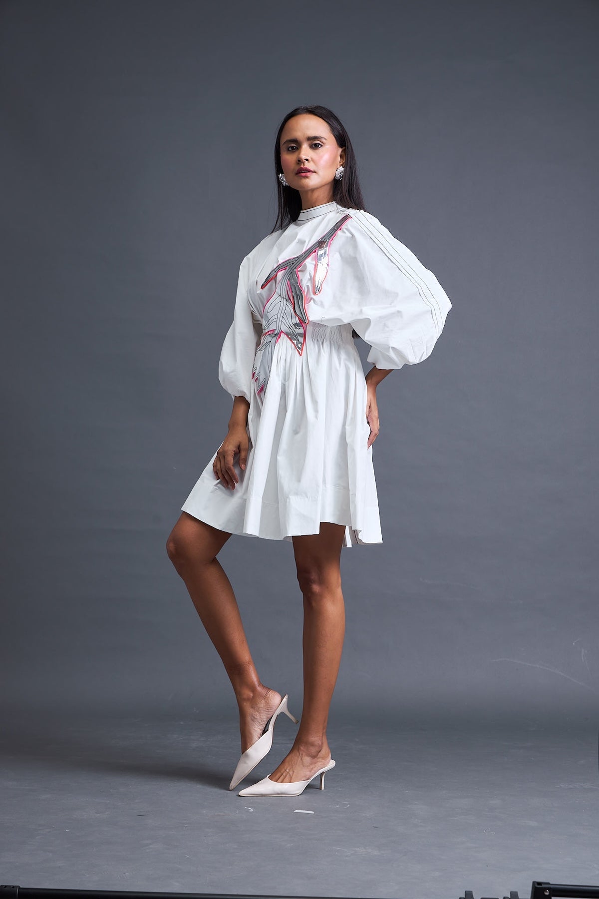 White Gathered Dress with Metallic Patch