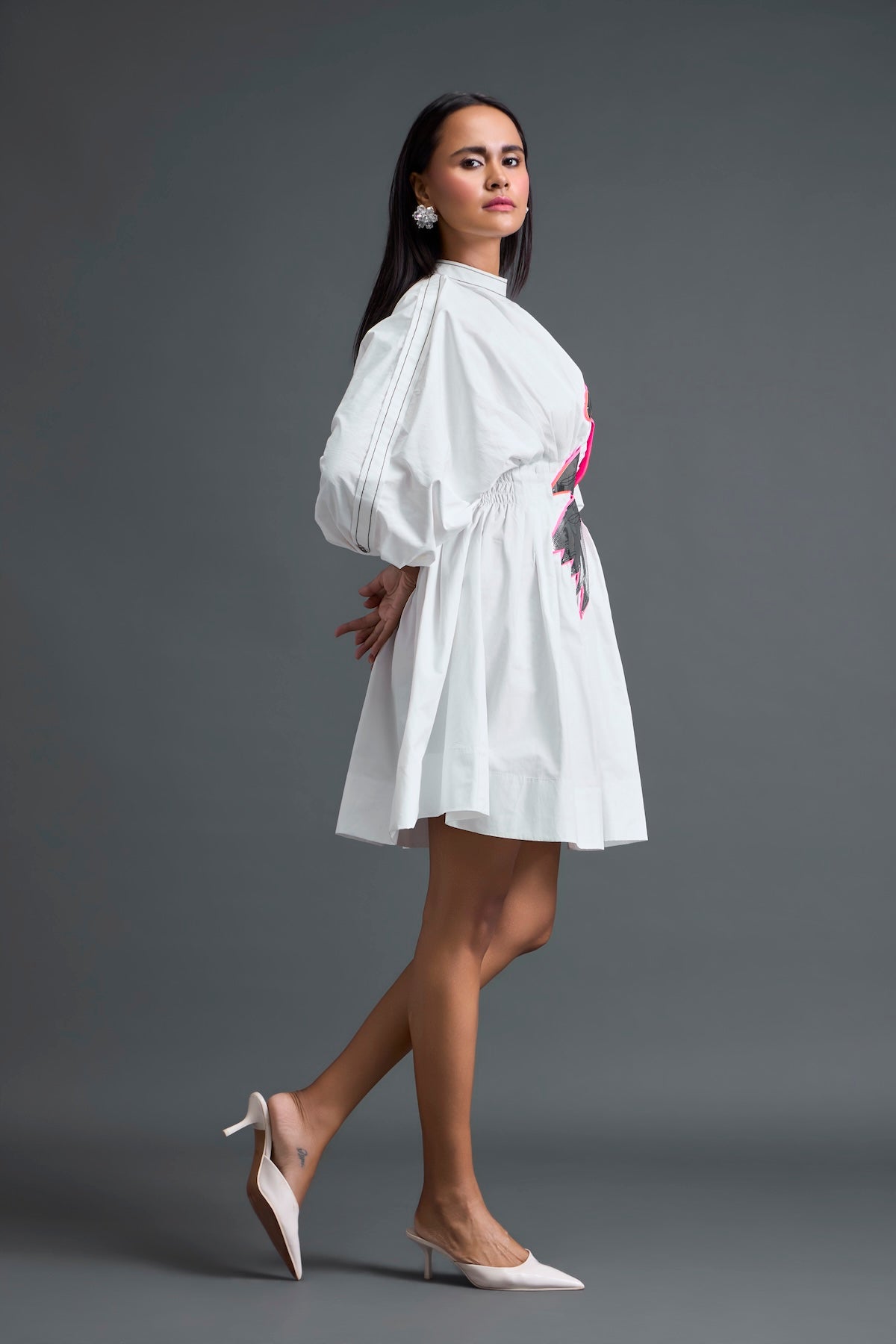 White Gathered Dress with Metallic Patch