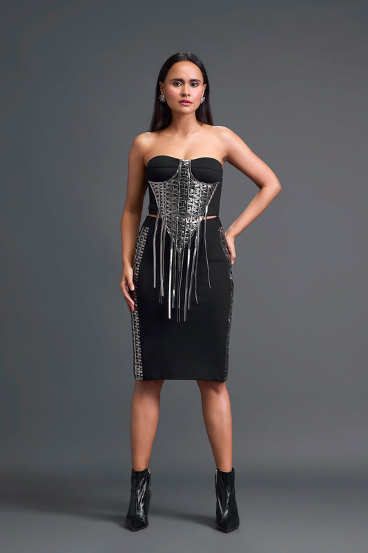 Black Strapless Gunmetal Panel Top and Pencil Skirt Set