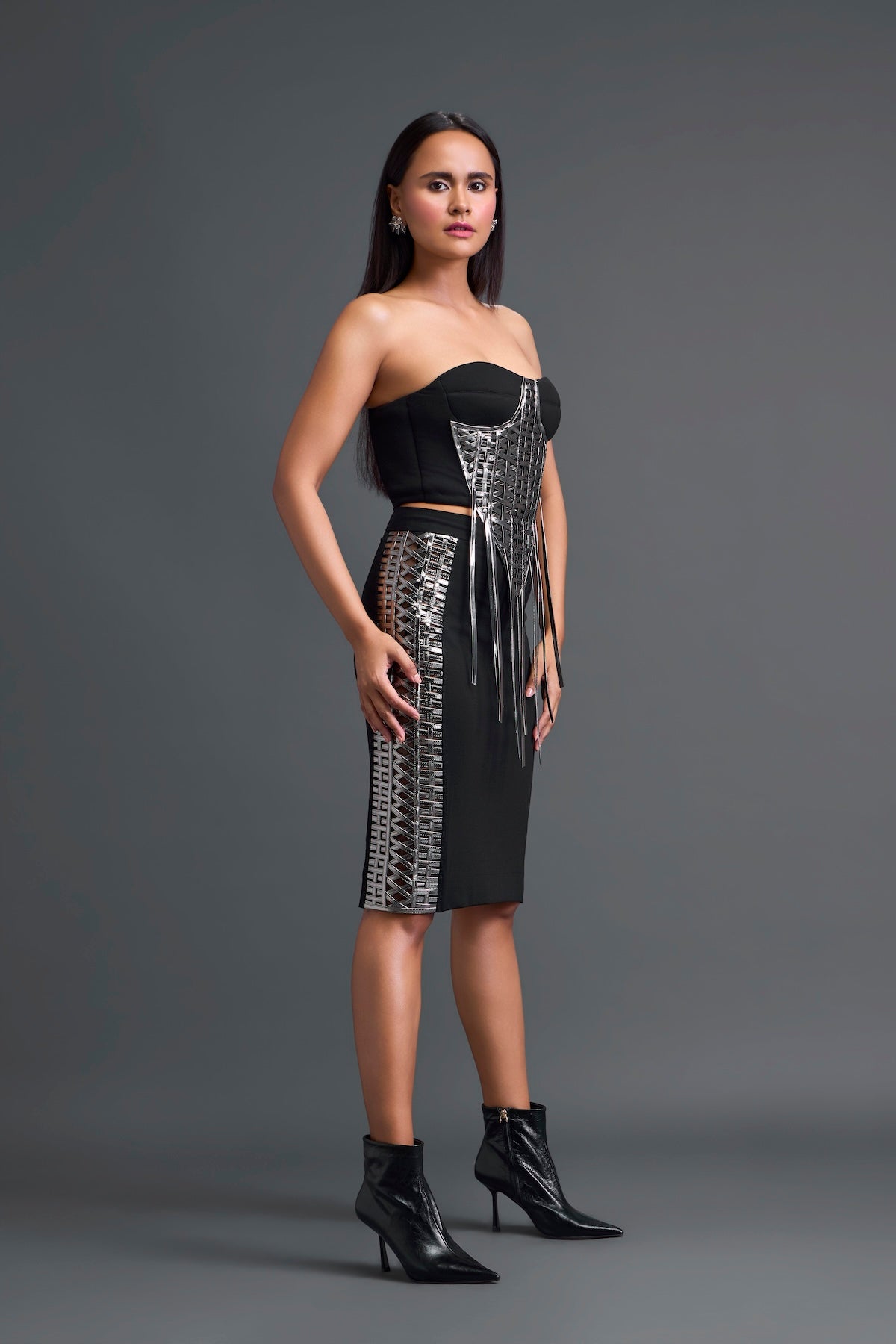 Black Strapless Gunmetal Panel Top and Pencil Skirt Set