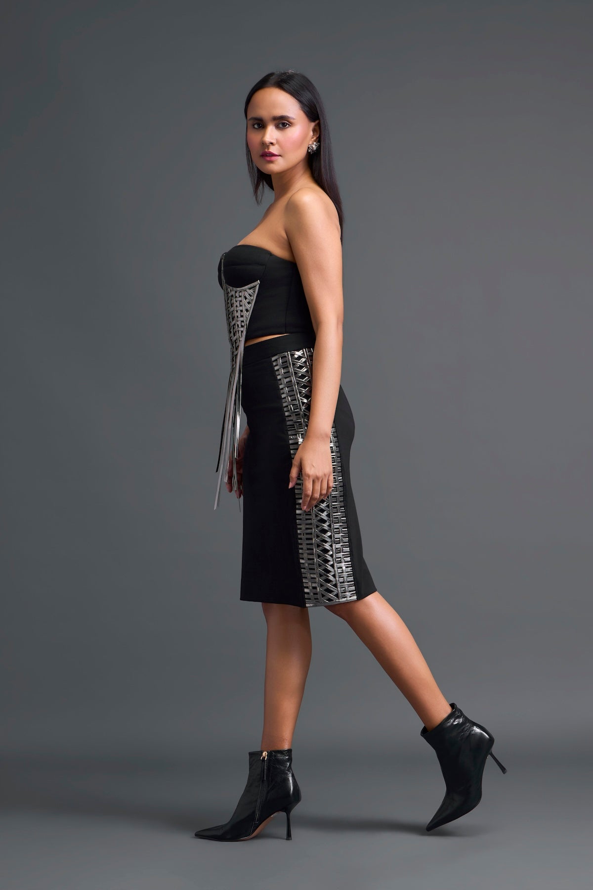 Black Strapless Gunmetal Panel Top and Pencil Skirt Set