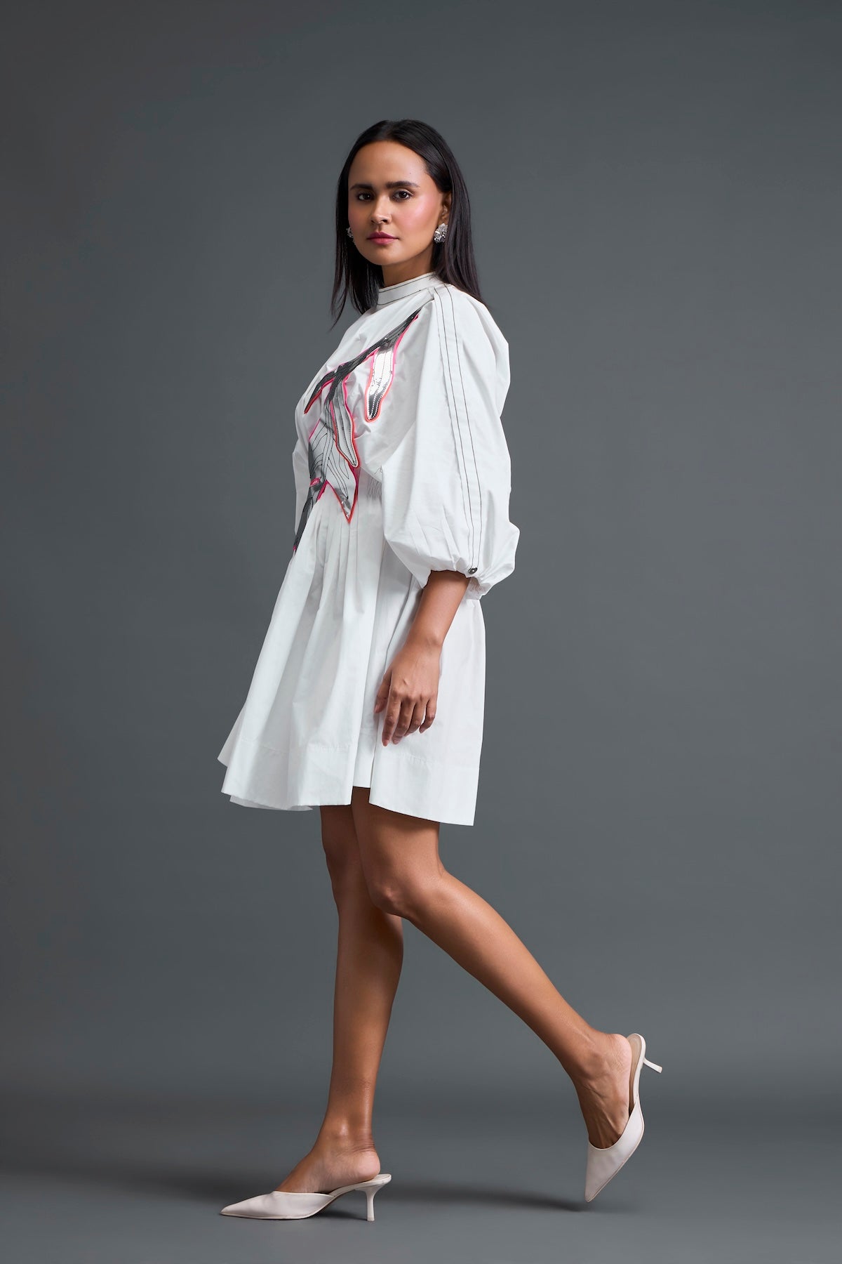 White Gathered Dress with Metallic Patch