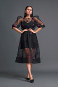 Load image into Gallery viewer, Black Layered Organza 3D Floral Dress with Pink Accents
