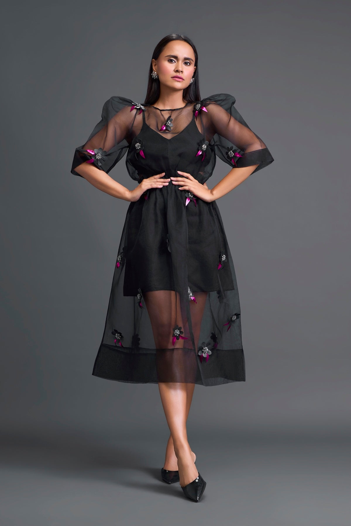 Black Layered Organza 3D Floral Dress with Pink Accents