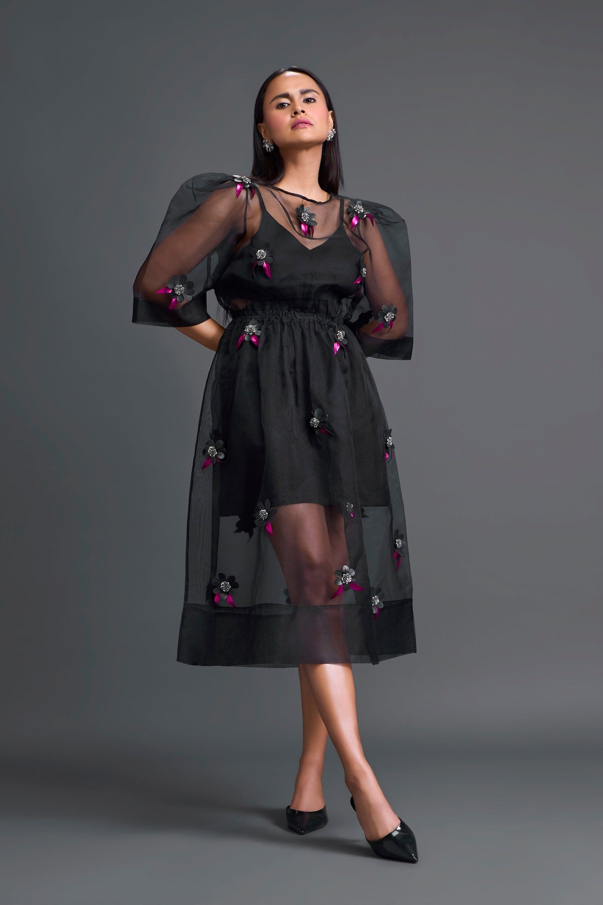Black Layered Organza 3D Floral Dress with Pink Accents