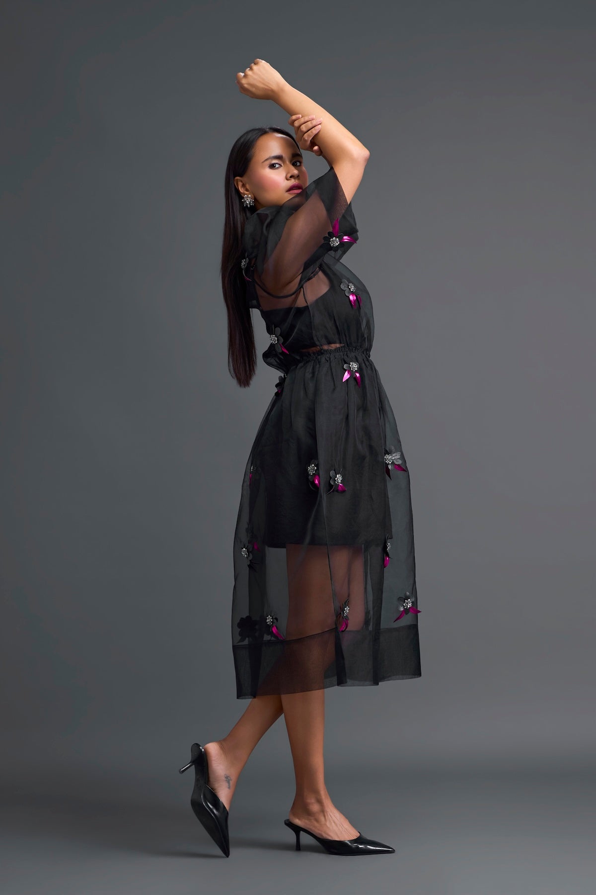 Black Layered Organza 3D Floral Dress with Pink Accents