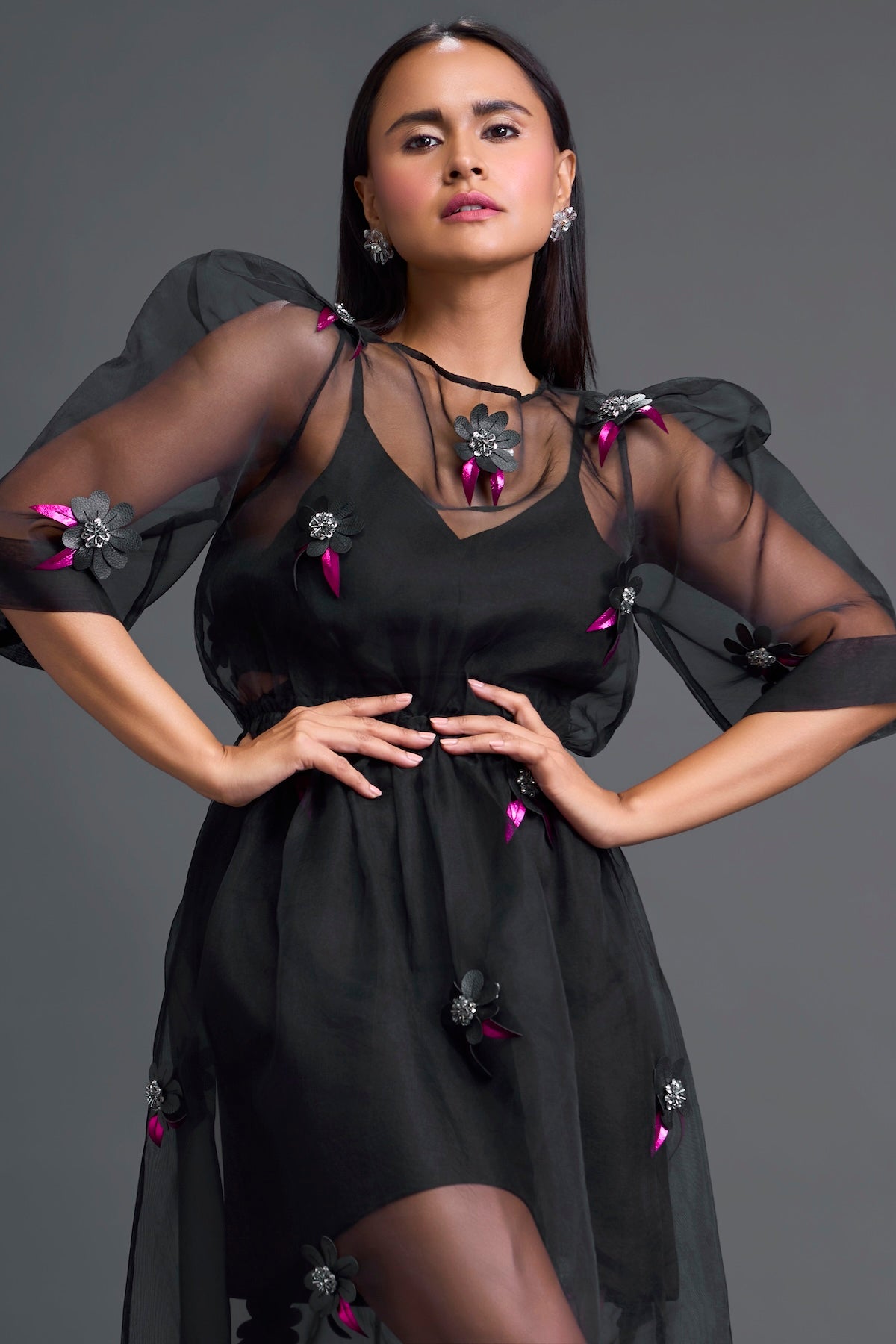 Black Layered Organza 3D Floral Dress with Pink Accents