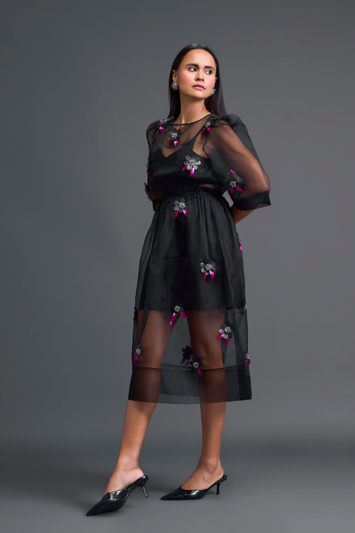 Black Layered Organza 3D Floral Dress with Pink Accents