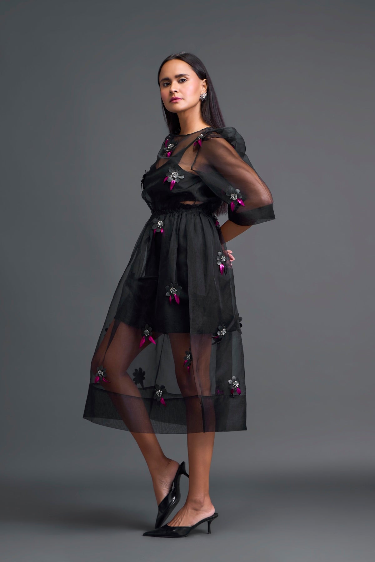Black Layered Organza 3D Floral Dress with Pink Accents