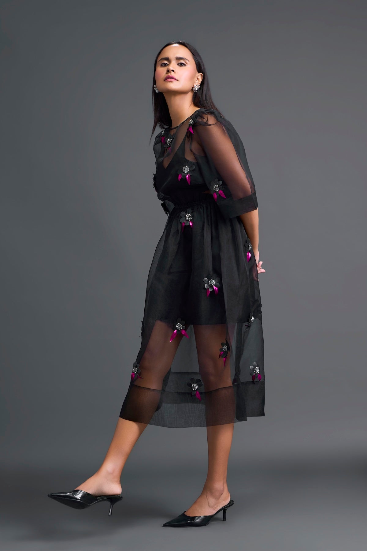 Black Layered Organza 3D Floral Dress with Pink Accents