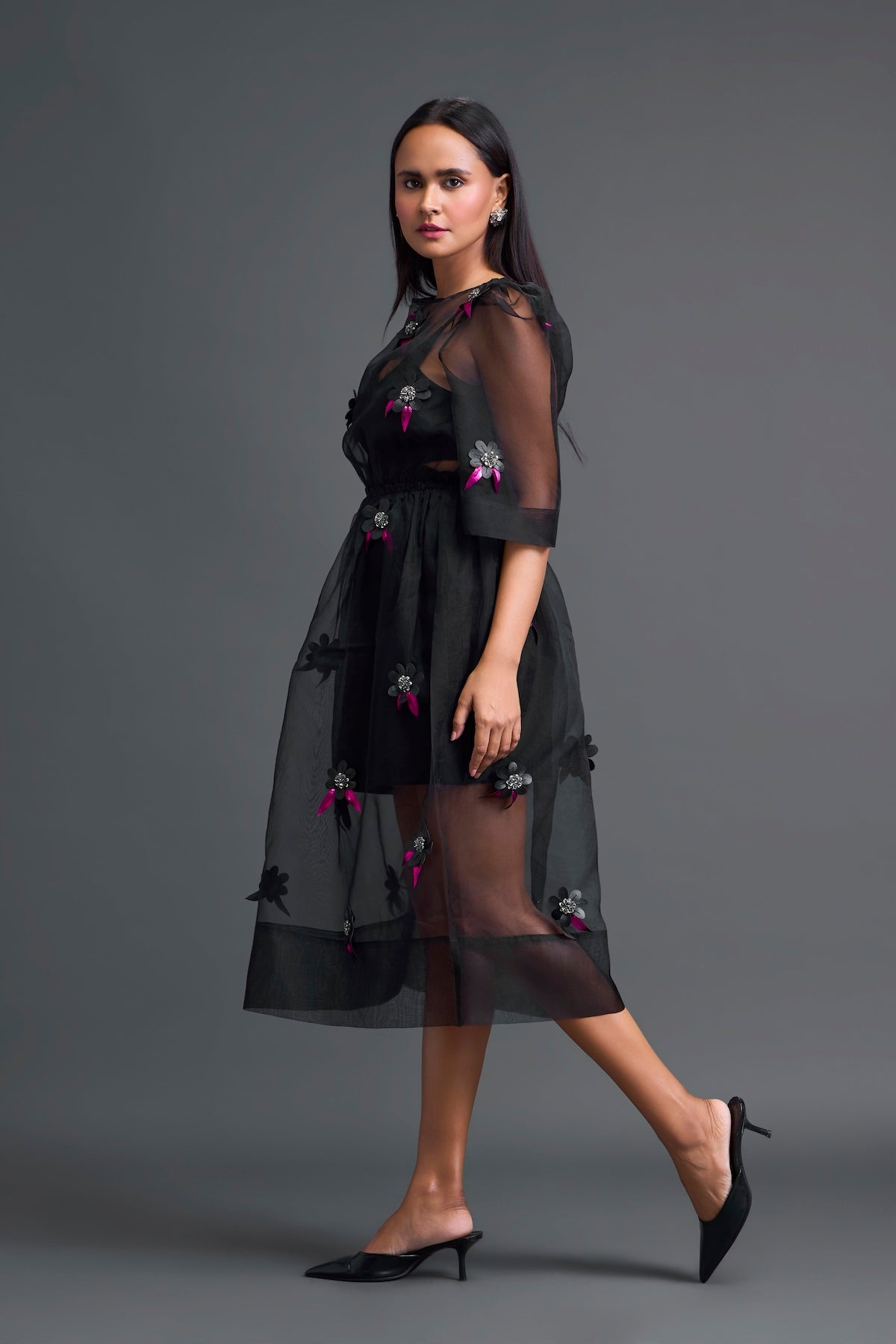 Black Layered Organza 3D Floral Dress with Pink Accents