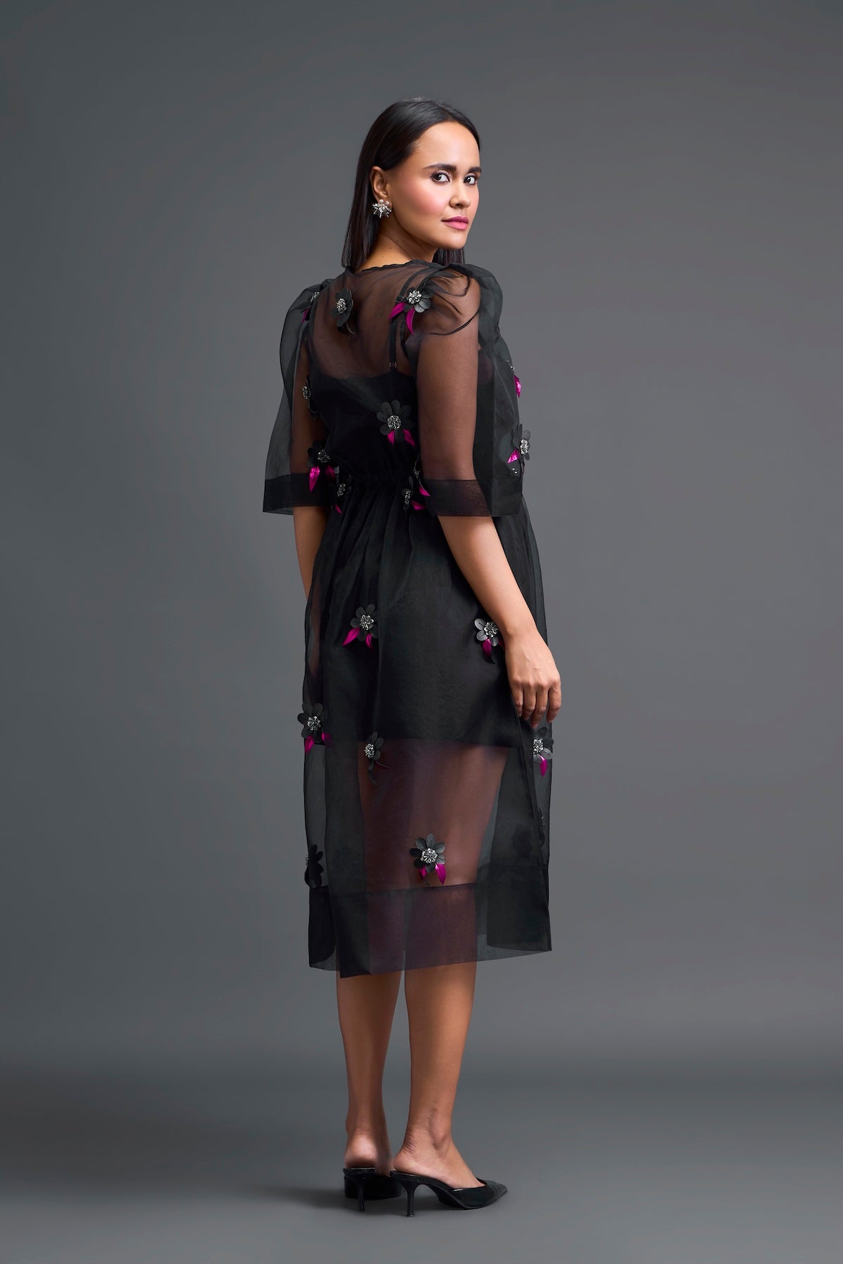 Black Layered Organza 3D Floral Dress with Pink Accents