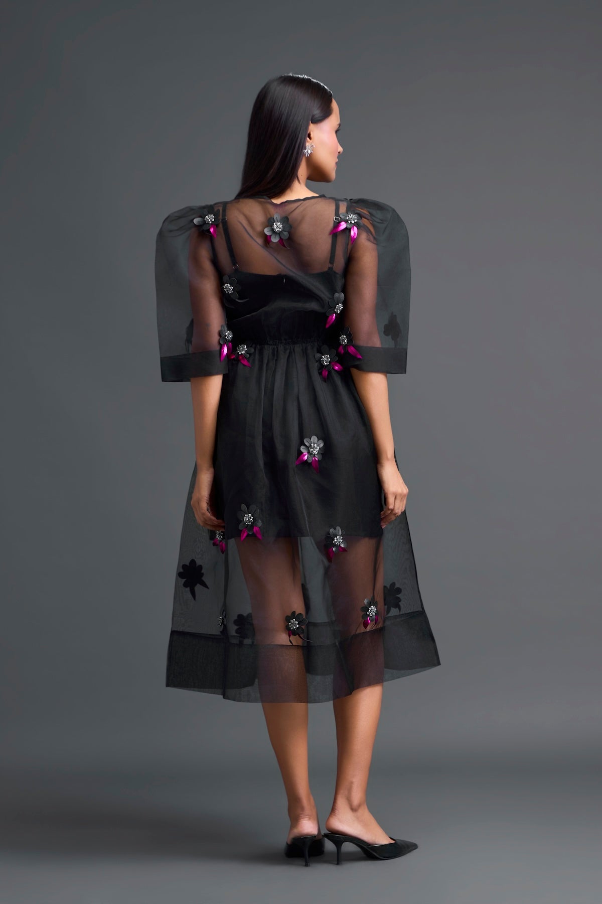 Black Layered Organza 3D Floral Dress with Pink Accents