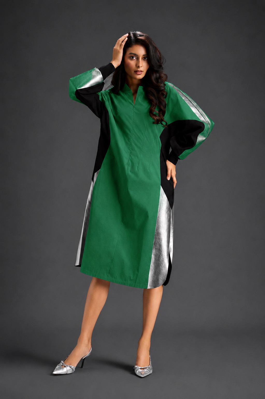 Statement Colourblock Midi Dress In Parrot Green With Contrast Metallic Silver Side Panels And Balloon Sleeves