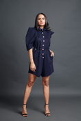 Load image into Gallery viewer, Navy Blue High Neck Playsuit With Cutwork
