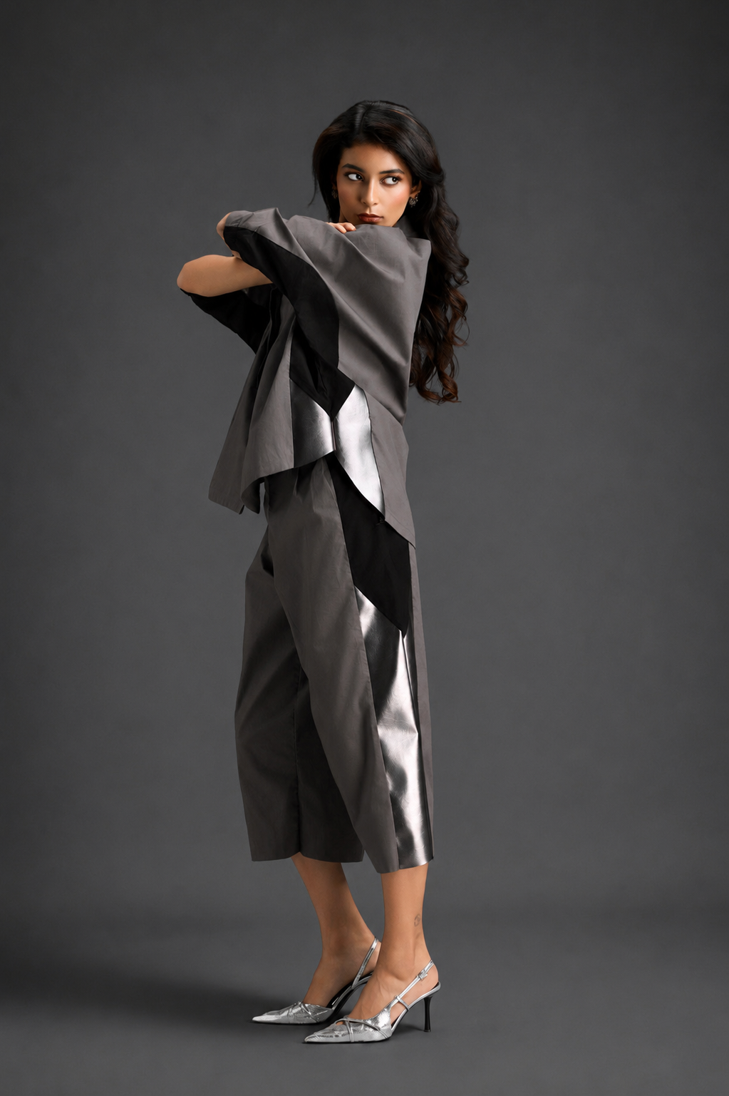 Relaxed Warm Grey Co-ord With Loose-fit Dramatic-sleeve Shirt And Wide-leg Pants With Metallic Side Panels.