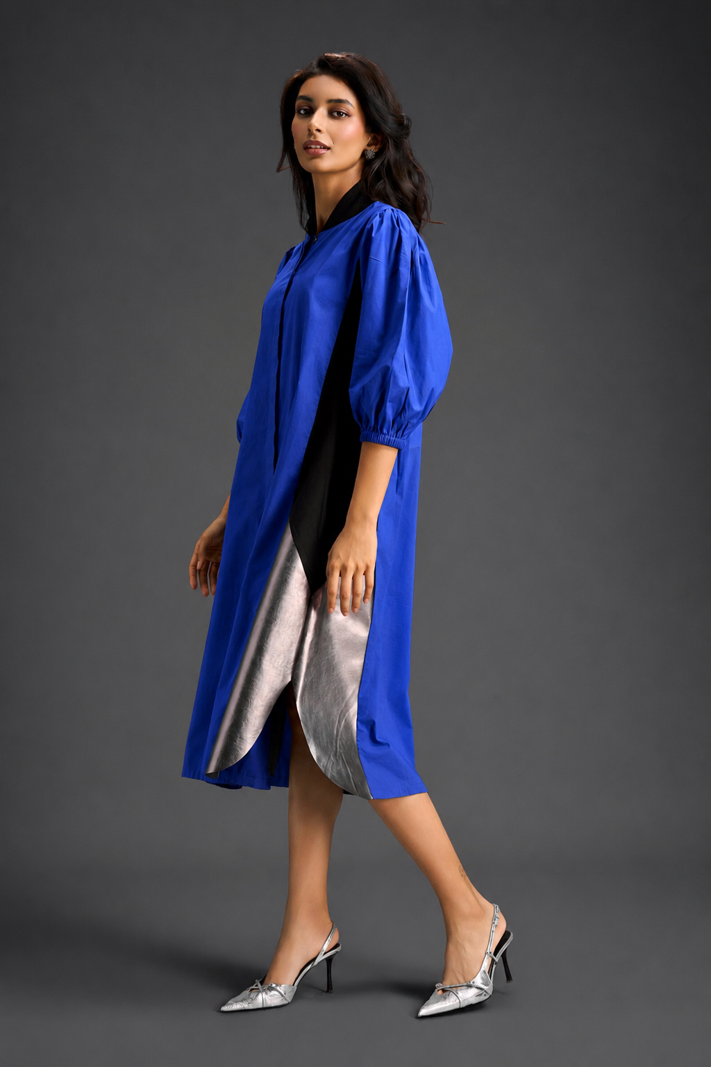 Blue Shirt Dress With Black Panels And Metallic Side Detailing
