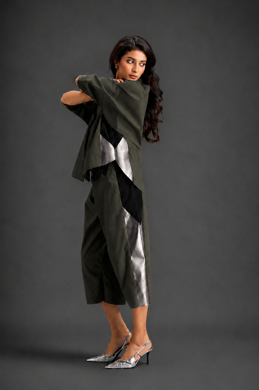 Relaxed Dark Green Co-ord With Loose-fit Dramatic-sleeve Shirt And Wide-leg Pants With Metallic Side Panels.