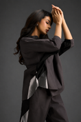 Load image into Gallery viewer, Relaxed Dark Brown Co-ord With Loose-fit Dramatic-sleeve Shirt And Wide-leg Pants With Metallic Side Panels.
