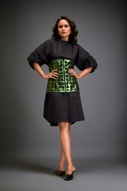Shirtdress With Metallic Corset And Geometric Cutout Detailing