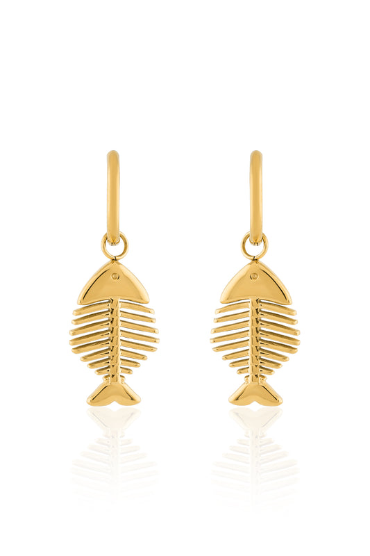 Golden Fishbone Charm Hoops