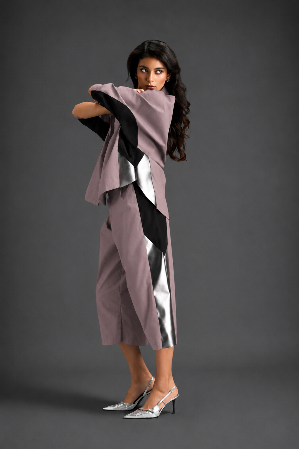 Relaxed Ash Pink Co-ord With Loose-fit Dramatic-sleeve Shirt And Wide-leg Pants With Metallic Side Panels.