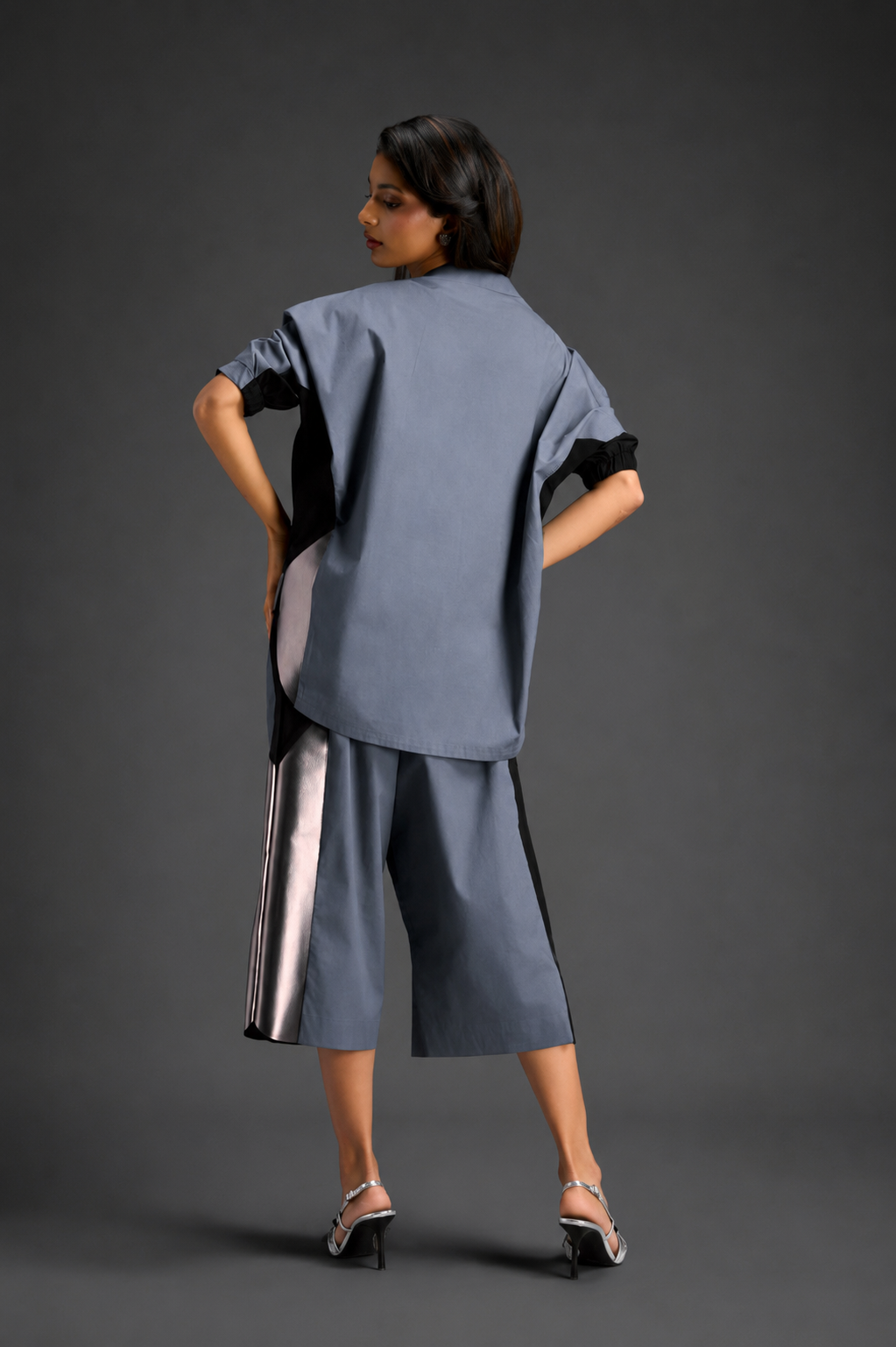 Relaxed Cool Grey Co-ord With Loose-fit Dramatic-sleeve Shirt And Wide-leg Pants With Metallic Side Panels.