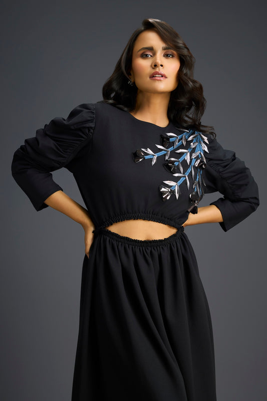 Black Midriff Cut-Out Floral Embroidered Dress
