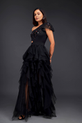 Load image into Gallery viewer, Black Hand Embroidered One Shoulder Ruffle Dress With Net Ruffles And Cutwork Detailing
