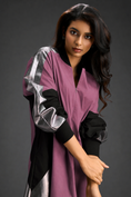 Load image into Gallery viewer, Statement Colourblock Midi Dress In Pink With Contrast Metallic Silver Side Panels And Balloon Sleeves
