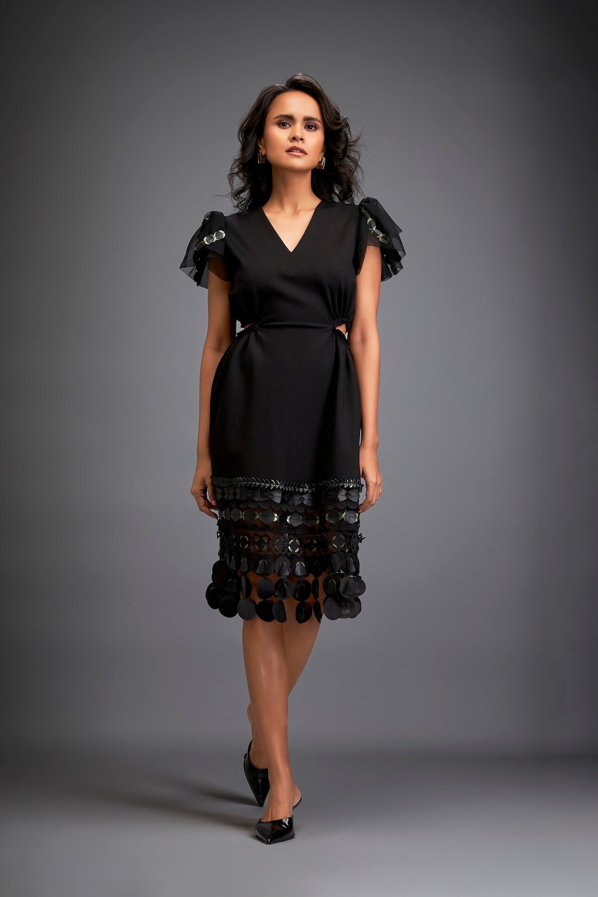 Dress With Sheer Sleeve Detailing And Mesh Geometric Appliqué Hemline