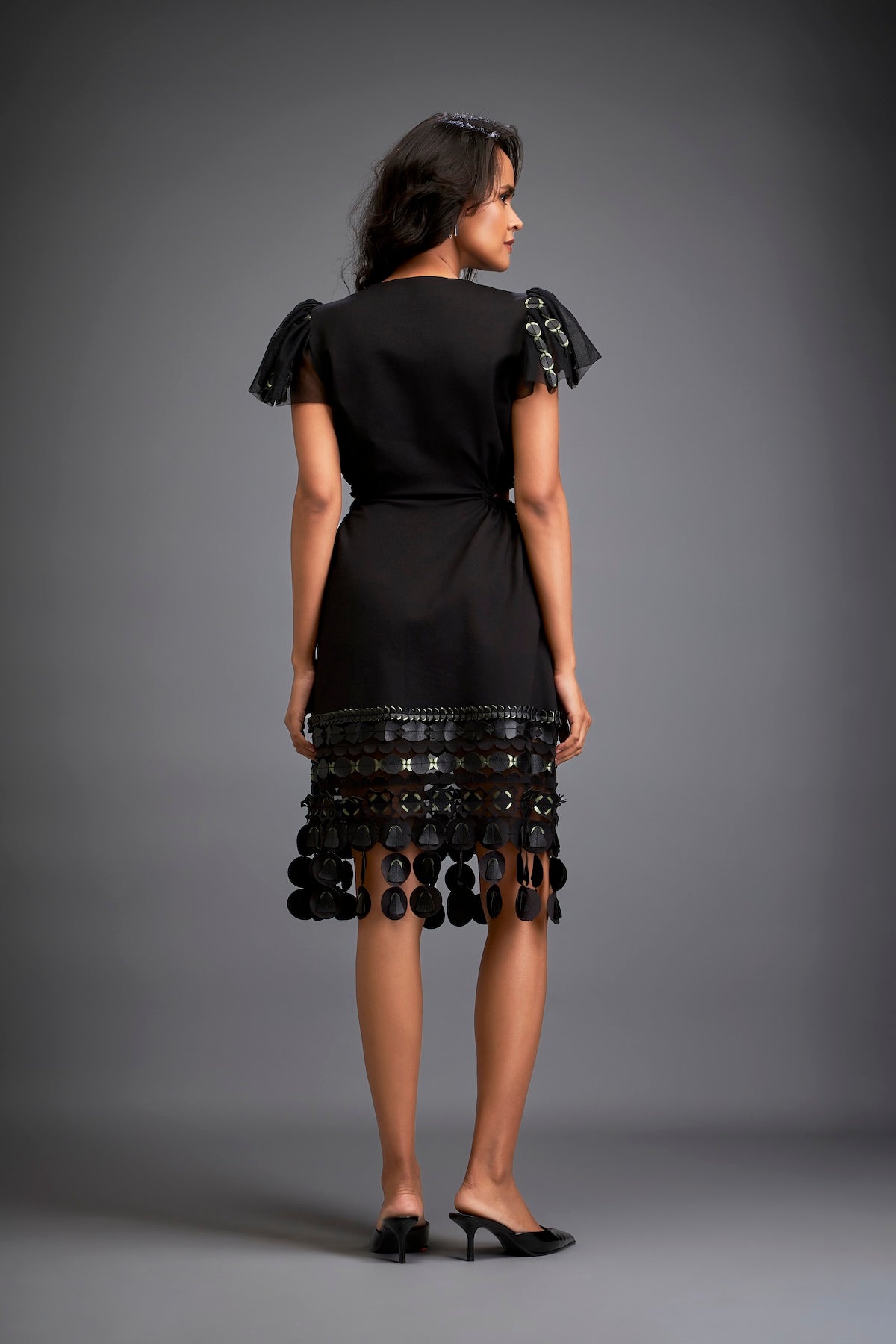 Dress With Sheer Sleeve Detailing And Mesh Geometric Appliqué Hemline